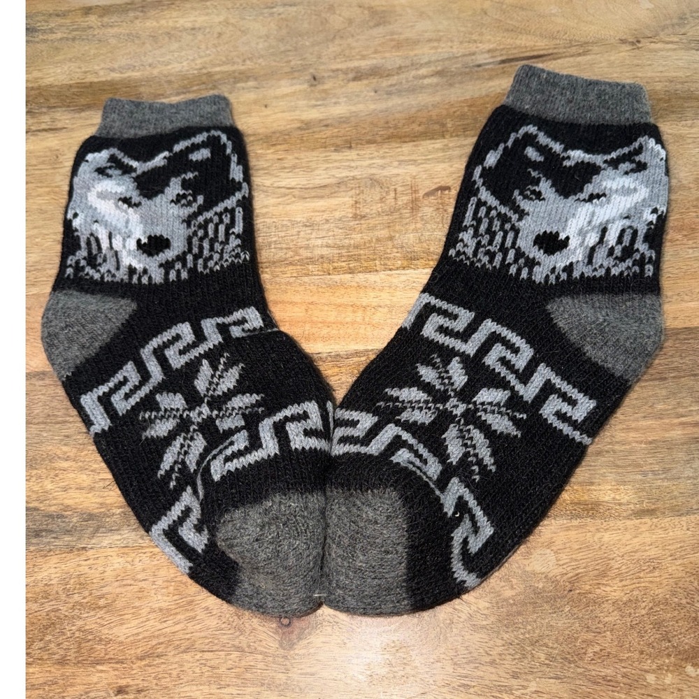Wolf Head Knit Wool Blend Socks Black Grey Greek Key Pattern Crew Socks